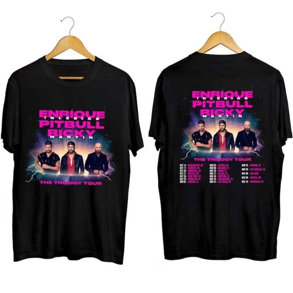 Enrique Iglesias Pitbull Ricky Martin Trilogy 2023 Tour T-Shirt 2 Sided Tee 05
